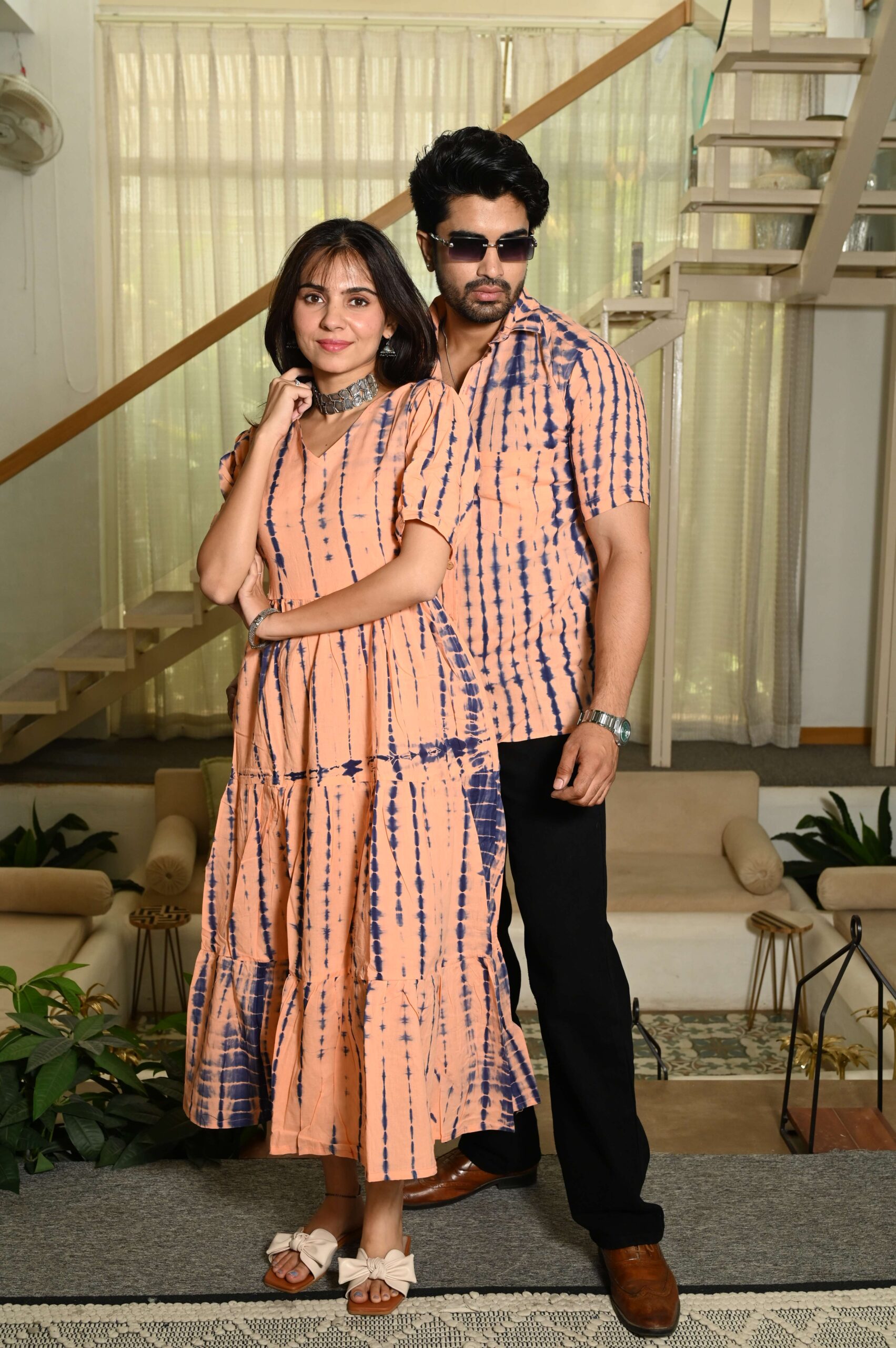 Couple Matching Peach Printed Cotton Anarkali Midi Dress & Shirt Set ? Summer Casual Wear
