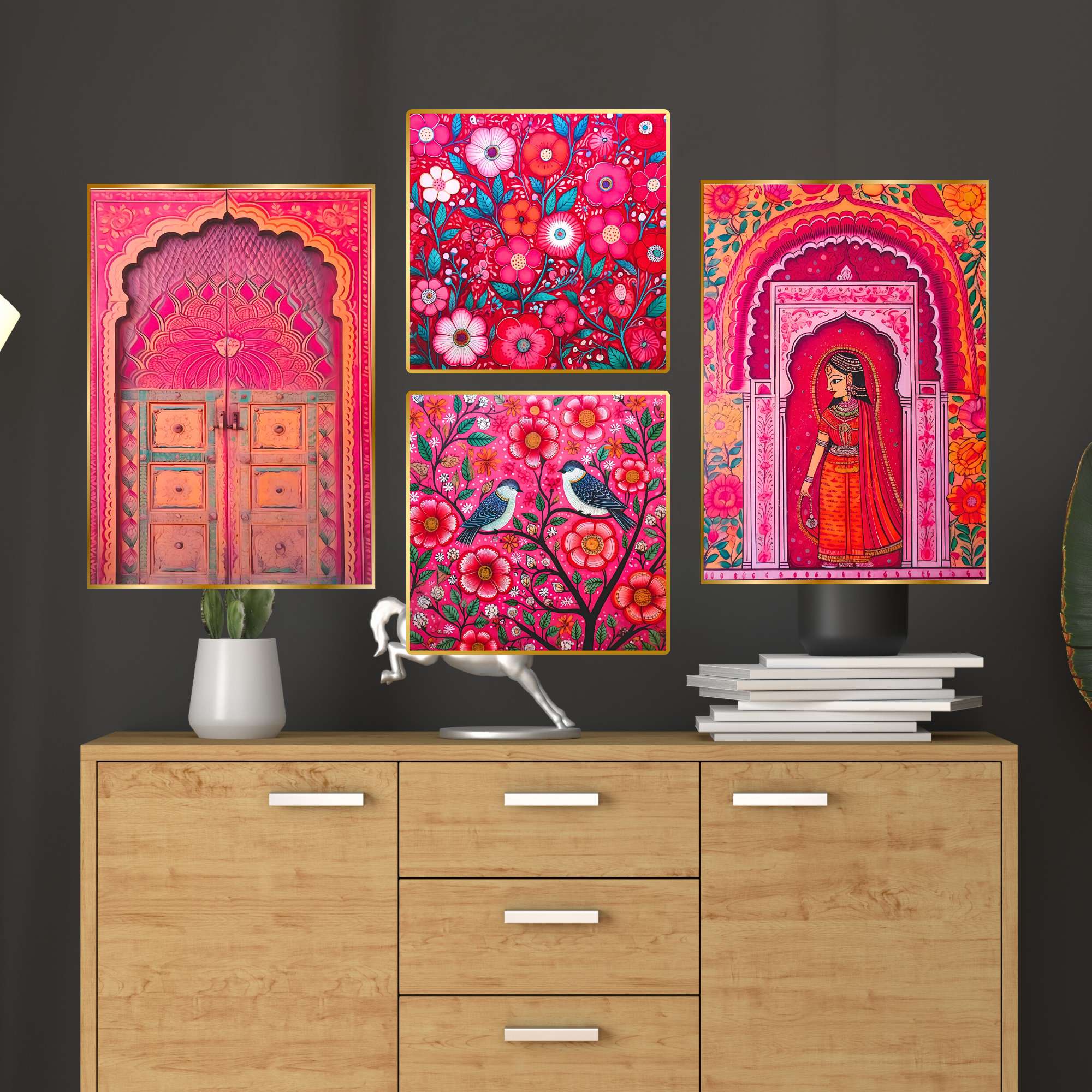 Set of Four Wall Paintings for Wall Dacoration Golden Framed Wall Paintings for Living Room & Bedroom Wall Art for Home Decoration & Office Wall Décor (13x10 inch CH-GD4-1)